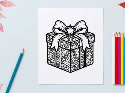 Kotak hadiah Natal dengan pola floral rumit dan pita, ilustrasi seni garis hitam putih