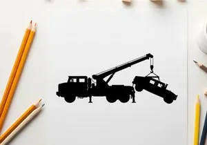 Silhouette of a tow truck lifting a car with a crane