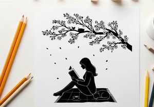 Silhouette of a woman reading under a blooming tree at night