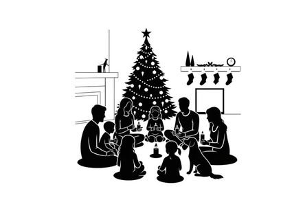 Family in silhouette celebrating around a christmas tree