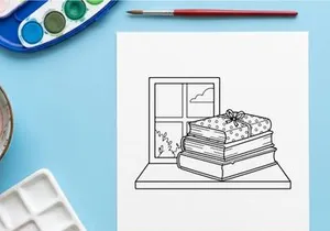 Handgezeichnete Weihnachtsgeschenkstapel mit Schleife auf Fensterbank für festliche Dekoration