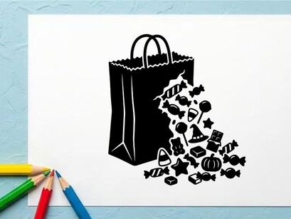 Black and White Halloween Candy and Trick-or-Treat Bag Illustration