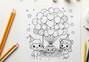 Kids birthday party with balloons and cake vector illustration