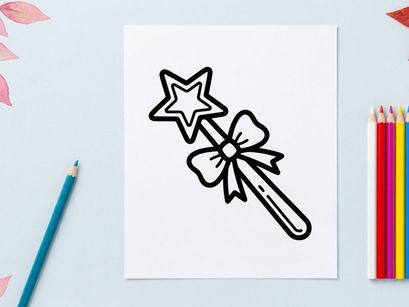 Hand-drawn Halloween star wand with flower design. Cartoon magic stick for kids' party props and decorations.
