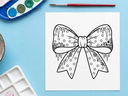 Weihnachts-Schleifen-Linienkunst-Illustration mit Eiszapfen und Schneeflocken für Ausmalseite.