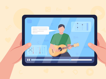Hands hold tablet with video on guitar tutorial flat color vector illustration preview picture