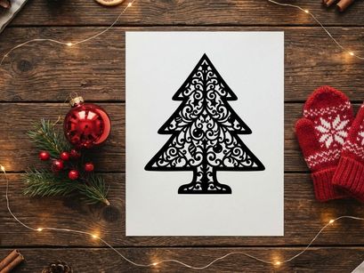 Schwarze ornamentale Weihnachtsbaum-Silhouette mit dekorativen Filigranmustern auf weißem Hintergrund