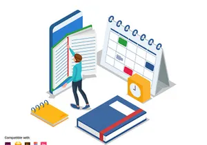 Student reading book in mobile phone - Landing page illustration template