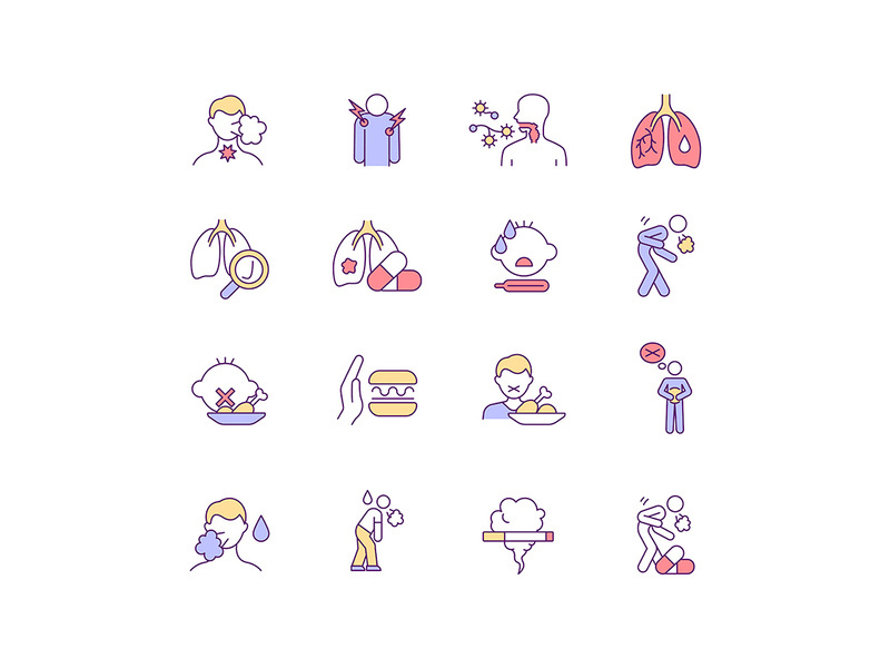 Lung infection symptoms RGB color icons set