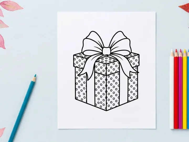 Christmas gift box with polka dot pattern and ribbon bow, black and white line art drawing.