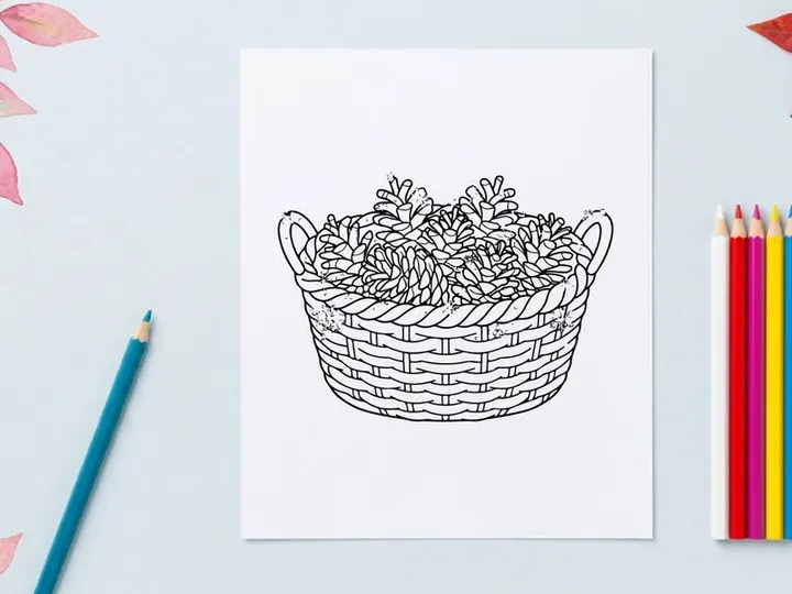 Line art illustration of a wicker basket filled with pine cones