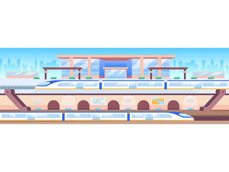 Train station flat color vector illustration