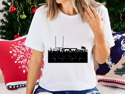 American football stadium with cheering fans in black and white silhouette