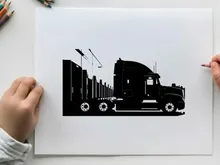 Silhouette of a large black truck with trailer silhouette