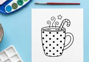 Cute black and white polka dot Christmas coffee mug with candy cane stirrer steaming happily