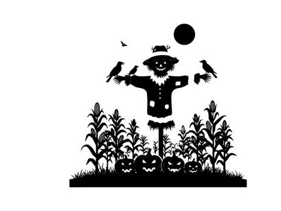 Scarecrow silhouette standing amidst corn and jack o lanterns at night