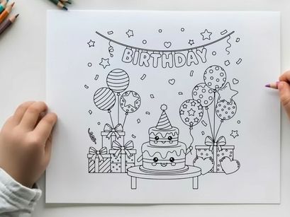 Birthday party celebration with cake and balloons vector illustration