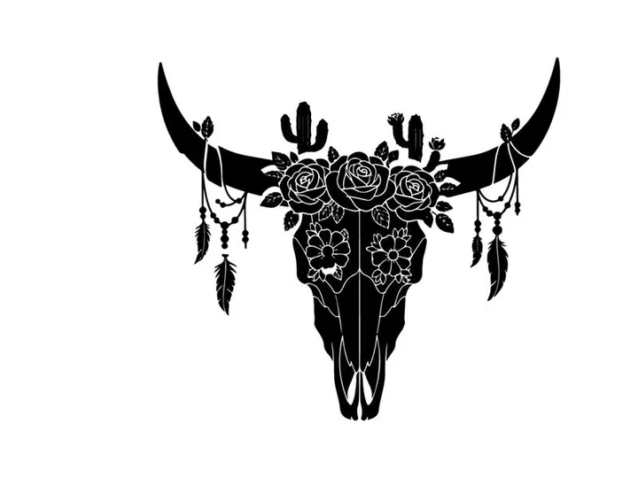 Bull skull silhouette with floral and cactus design