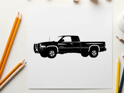 Silhouette of a pickup truck with a long bed and four doors