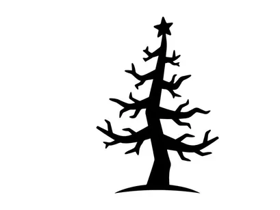 Black silhouette of a stylized Christmas tree with a star topper on white background