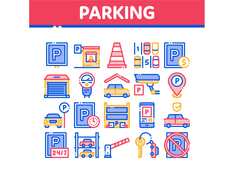 Parking Car Collection Elements Icons Set Vector