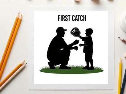 Silhouette of a man and boy with baseball glove first catch silhouette