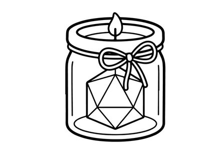 D20-Würfel in einer Glas-Glas-Kerze. Symbol für Brettspiele und Tabletop-RPG.