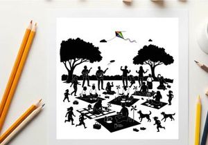 Silhouette of people and dogs in a park with trees and a kite