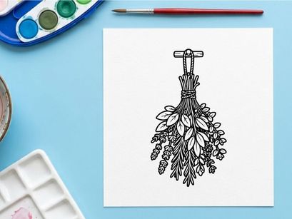 Hand-drawn Halloween witch broom with dried leaves and flowers. Rustic autumn decoration for spooky seasonal crafts and home decor.