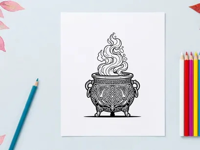 Witch cauldron with magical smoke. Celtic pot illustration for fantasy potion brewing.