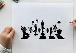 Yoga silhouettes on colorful mats with plants silhouette