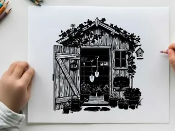 Silhouette of a cozy rustic wooden shed with plants preview picture