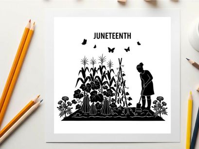 Juneteenth silhouette of woman gardening with butterflies and plants
