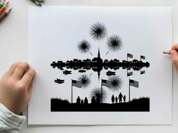Patriotic silhouette of fireworks and flags on a white background preview picture