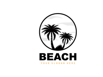 Coconut Tree Logo With Beach Atmosphere, Beach Plant Vector, Sunset View Design preview picture