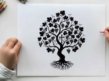 Silhouette of a tree with grapes and a cross silhouette preview picture