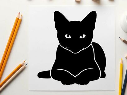 Black cat silhouette with white eyes and outline