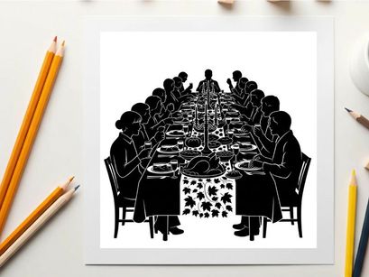 Silhouette of people sitting around a long table eating
