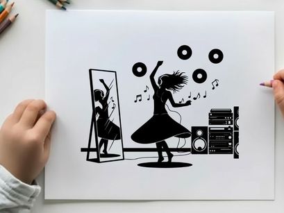 Silhouette of a woman dancing to music with records