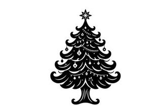 Black and white Christmas tree icon with ornaments and star topper isolated on white.