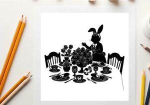 Silhouette of a rabbit at a formal table setting with flowers