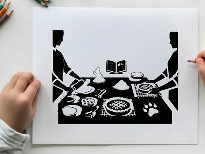 Silhouette of two people making pizzas at a table