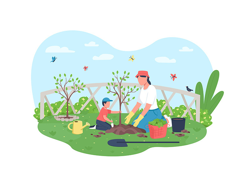 Planting tree together 2D vector web banner, poster