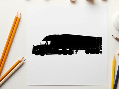 Black silhouette of a large semi truck on white background