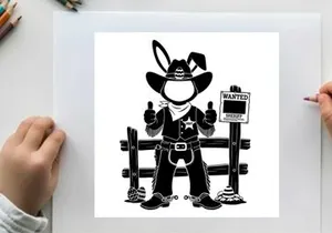 Cowboy cartoon character silhouette giving thumbs up by fence