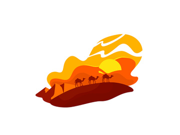 Camels walk in dunes 2D vector web banner, poster preview picture