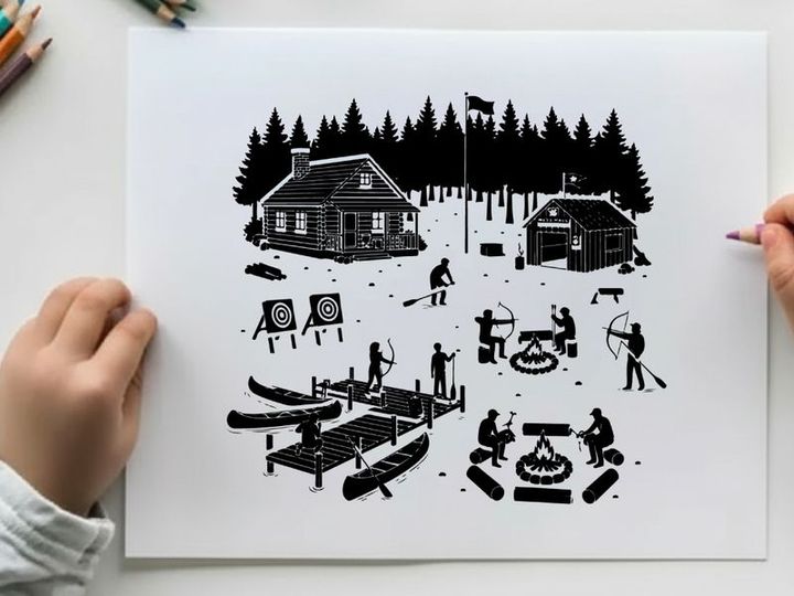 Winter camping silhouette scene with people and cabins