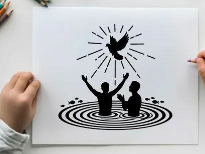 Silhouette of two people in water with a bird silhouette