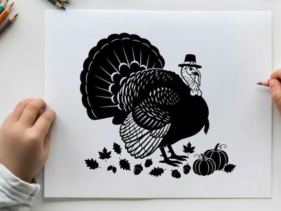 Silhouette of a turkey with pumpkins and leaves