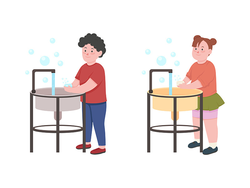 Kids wash hands with soap flat color vector faceless character set
